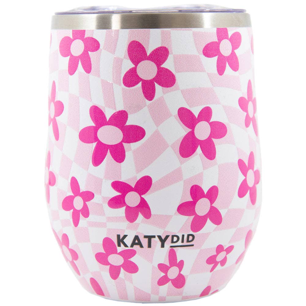 Pink Flower w/ Groovy Checkered WINE TUMBLER
