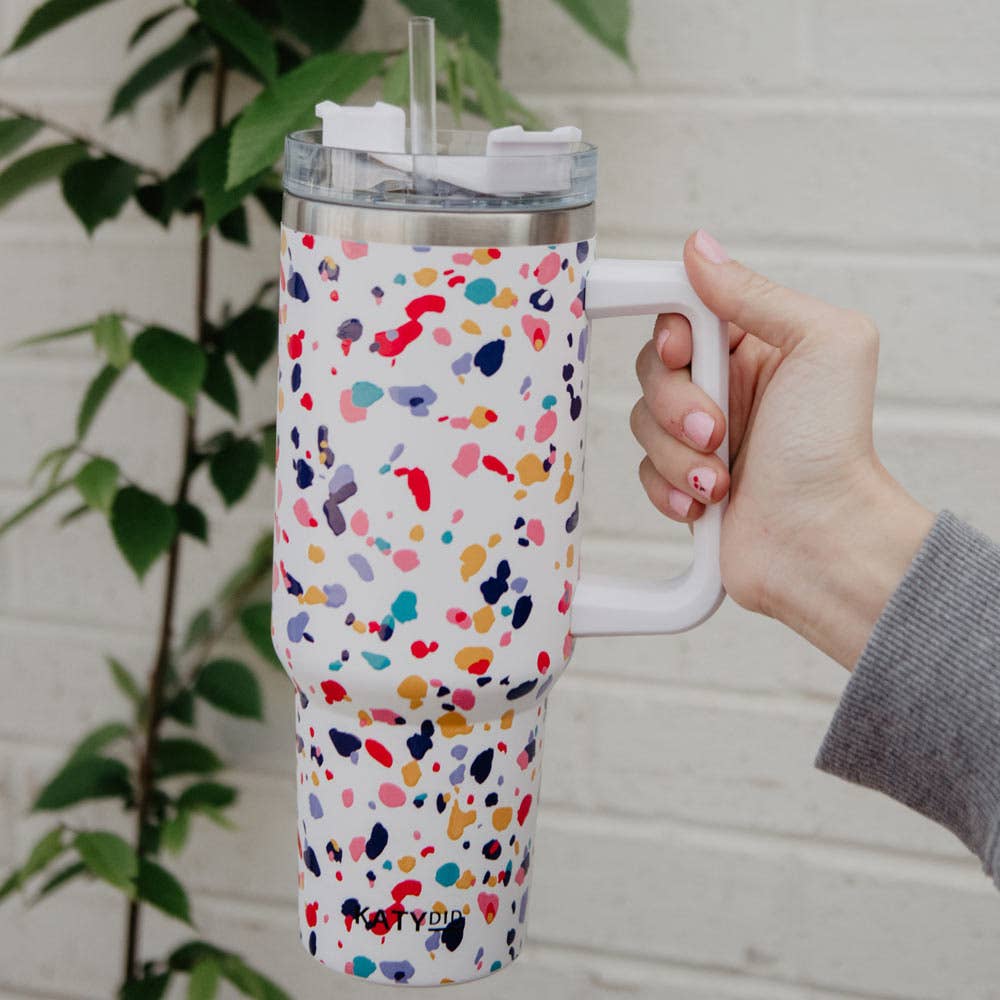 Confetti Print Tumbler Cup with Handle: White