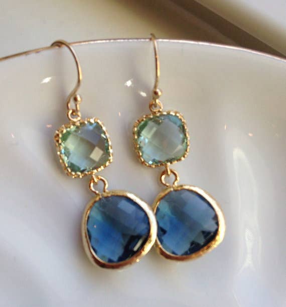 Sapphire Navy Prasiolite Glass Gold Plated Earrings