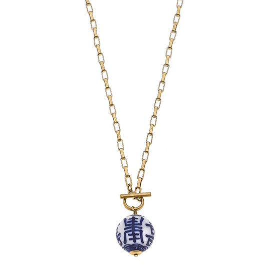 Laurel Chinoiserie T-Bar Necklace in Blue & White