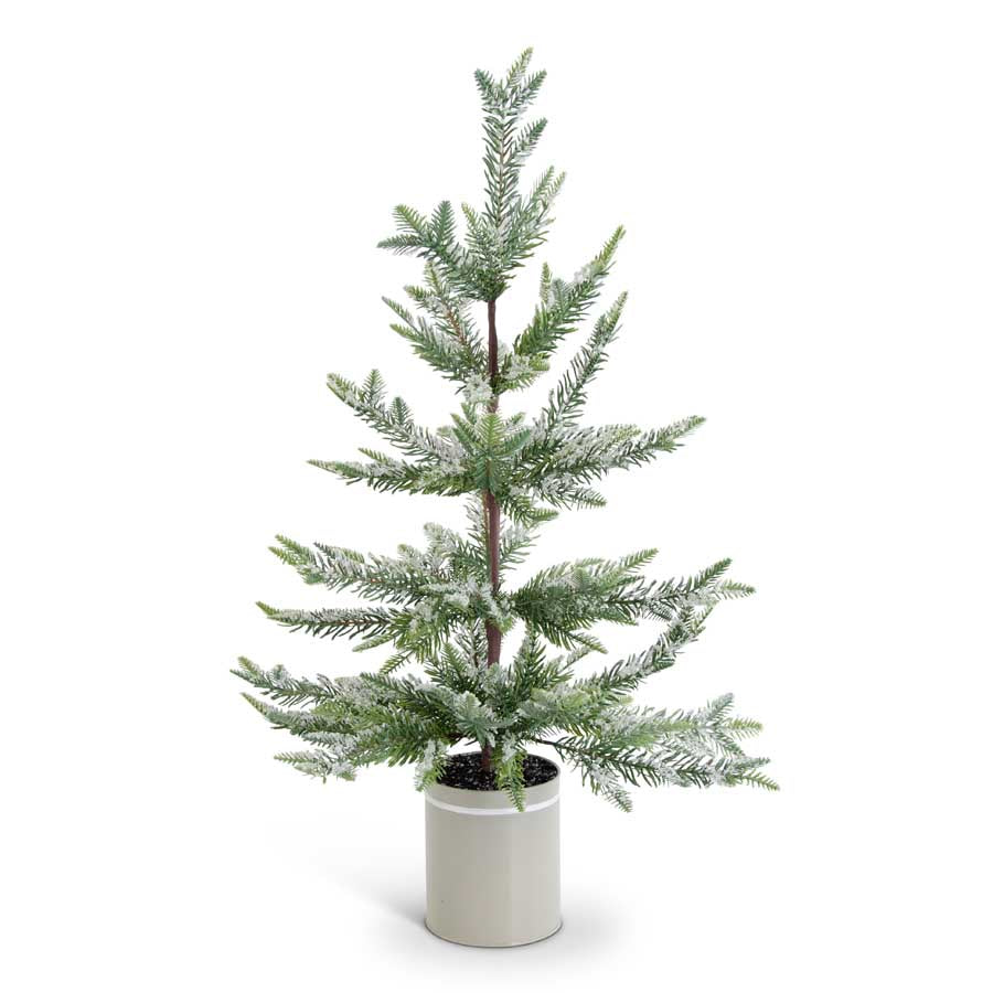Snowy Pine Tree In Gray Metal Pot