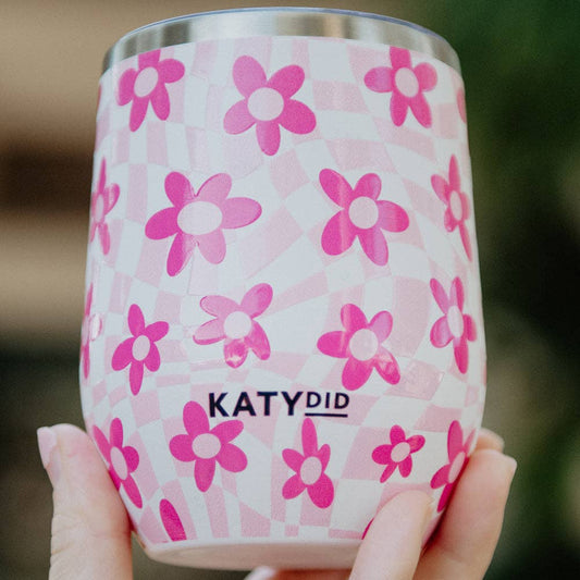 Pink Flower w/ Groovy Checkered WINE TUMBLER