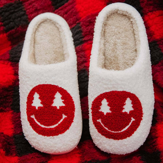 Red Christmas Tree Eyes Happy Face Slippers