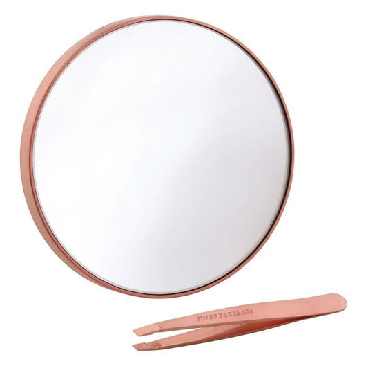 Rose Gold Mini Slant Tweezer & 10x Mirror